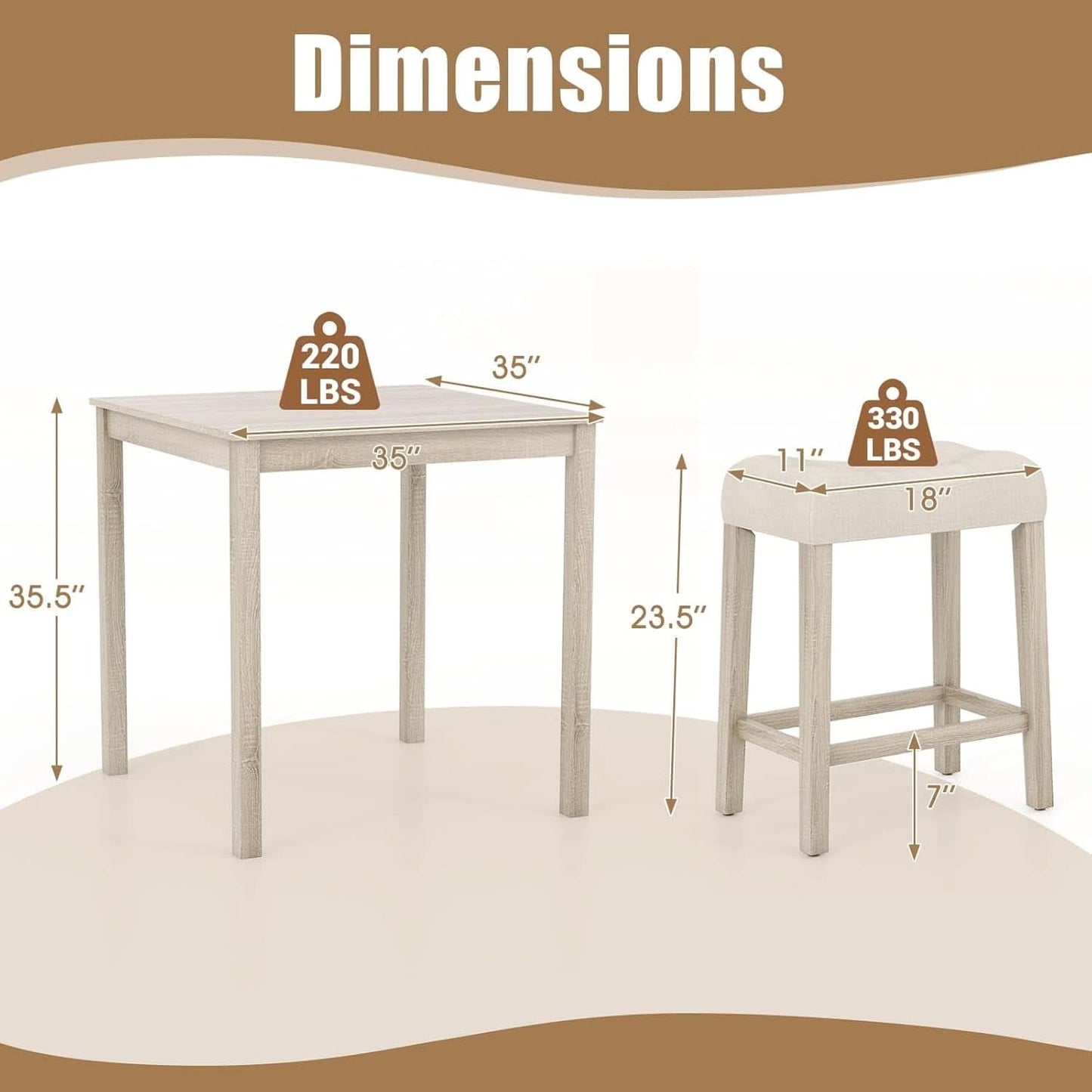 Bar Table Set Square Ultrasoft Cushioned Stools Space Saving