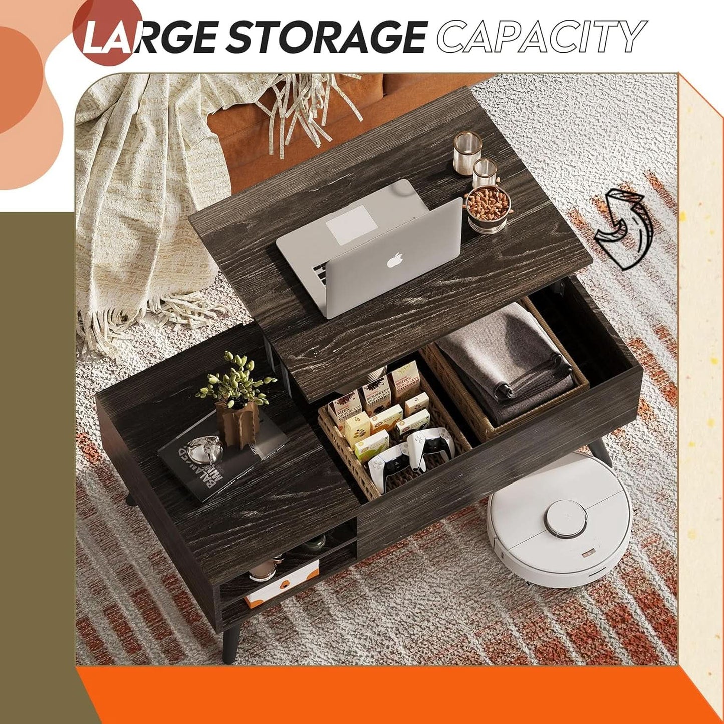 Wood Lift Top Coffee Table Hidden Compartment Charcoal