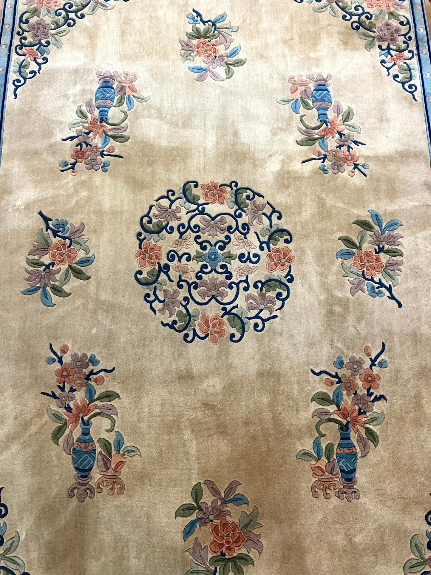 Chinese Wool Rug 8x11, Peking Asian Oriental Carpet, Cream/Ivory and Blue, Vintage Handmade Rug, Art Deco Rug