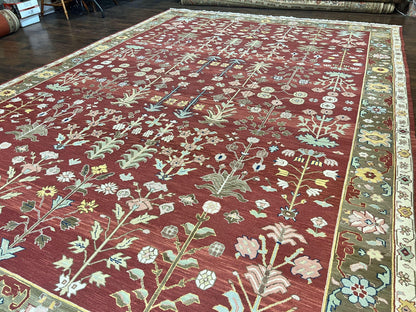 Indian Rug 10x14, Wool Hand Knotted Flatweave Carpet, Tree of Life, Red and Green