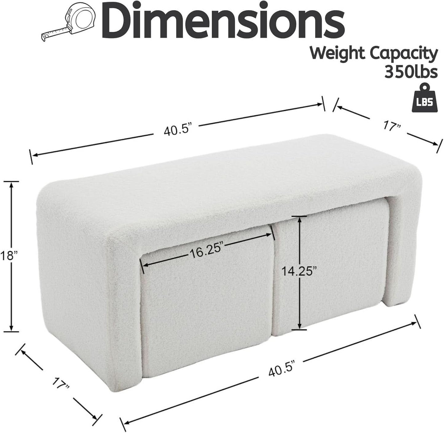 White 40Inch Lux Velvet Plus Nesting Ottoman End Bench