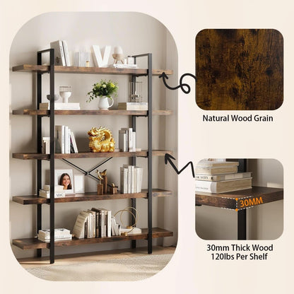 Brown 47 Inch Wide Industrial Bookcase Open Shelves