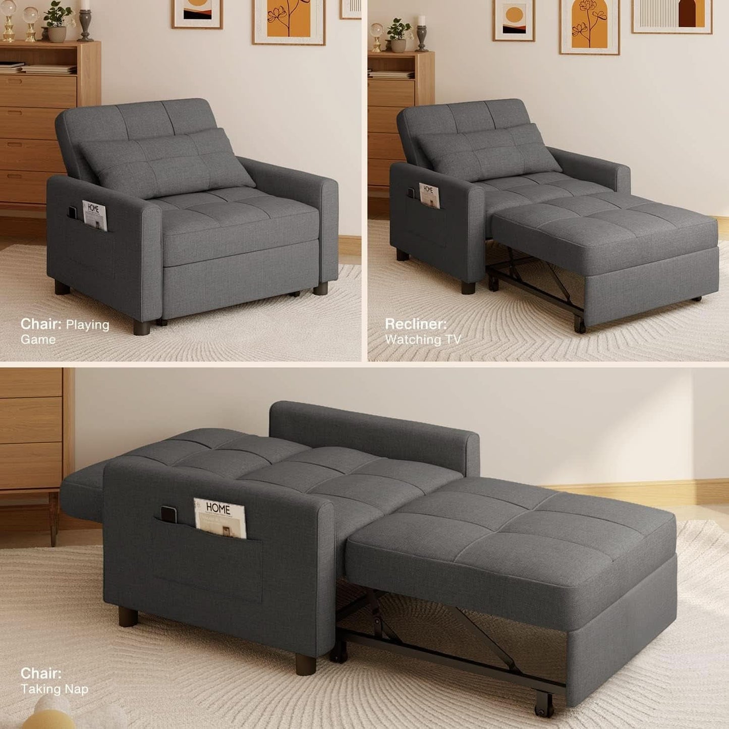 Dark Gray Sleeper Chair Bed Three In One Convertible Modern Linen Fabric Sofa