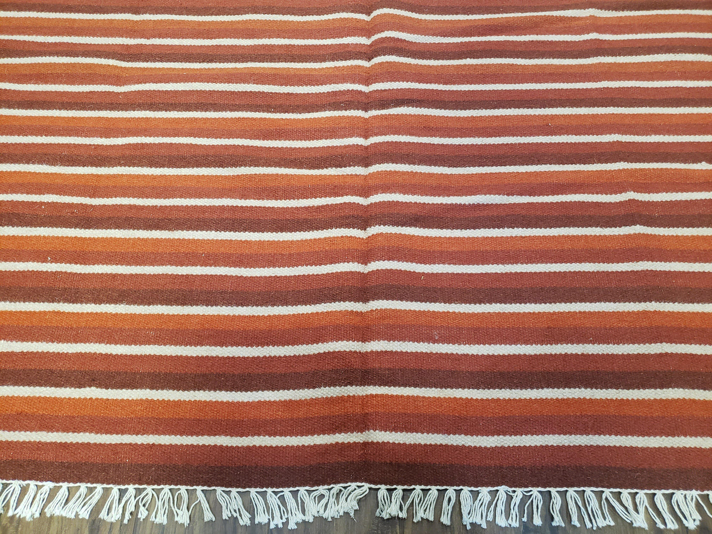 Large Striped Woolen Handmade Throw Blanket, Twin Size Bedding Hand-Woven, Indian Kilim Area Rug, 6x8 - 7x8, South American Style Textile