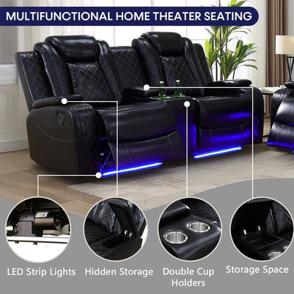 Black Leather Power Recliner Sofa Set With USB Ports