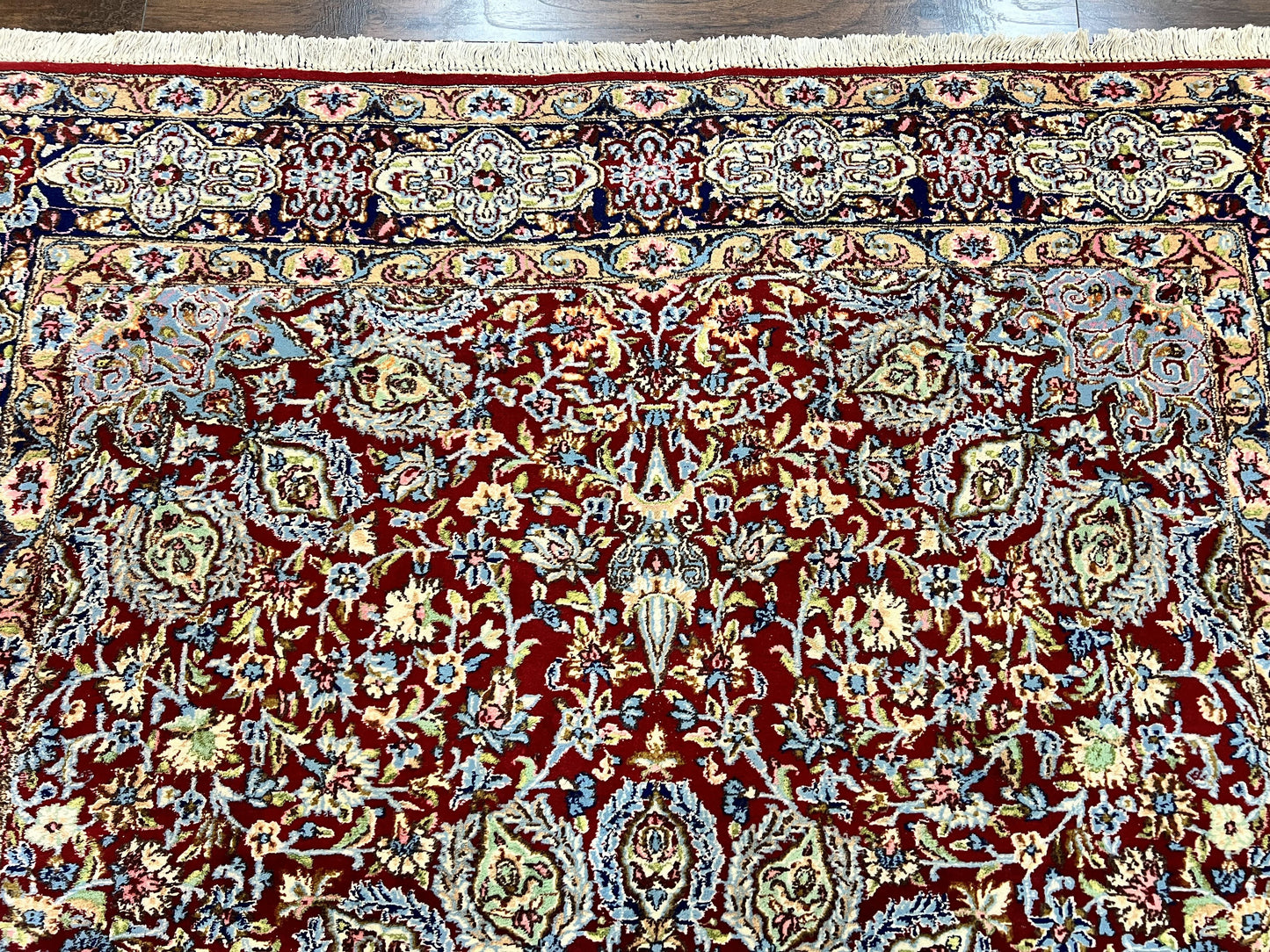 Persian Rug 7x10, Kirman Oriental Carpet 7 x 10 ft, Hand Knotted Wool Floral Medallion Semi Antique Persian Rug, Dark Red Light Blue Vintage