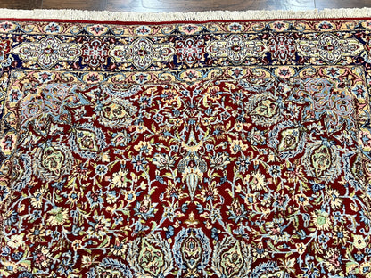 Persian Rug 7x10, Kirman Oriental Carpet 7 x 10 ft, Hand Knotted Wool Floral Medallion Semi Antique Persian Rug, Dark Red Light Blue Vintage