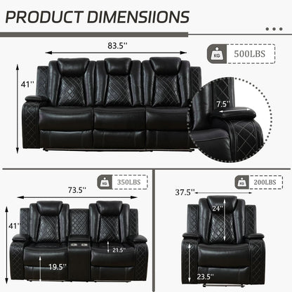 Leather Power Recliner Sofa Set With LED USB Ports Black