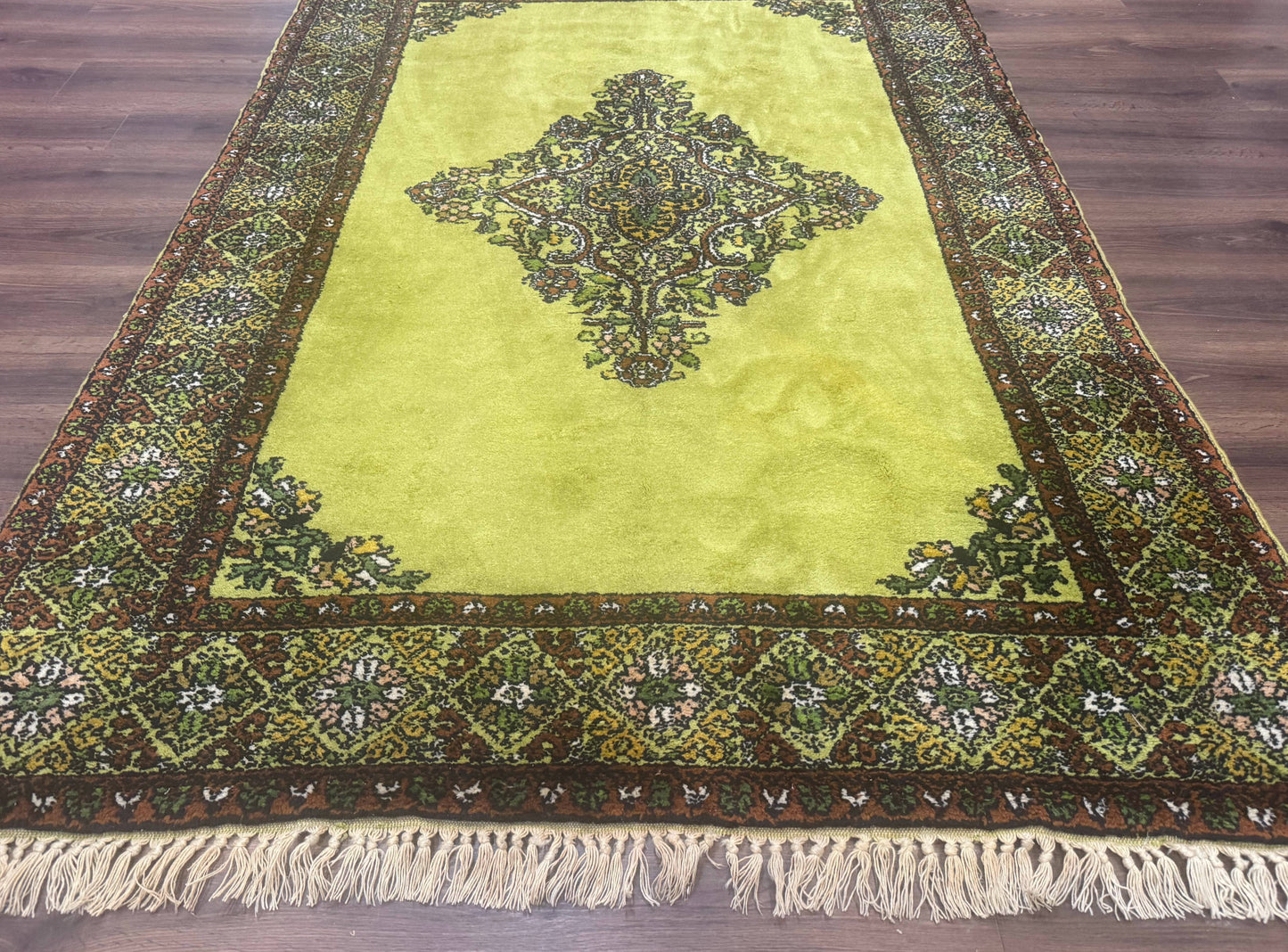 Moroccan Rug 6x8, Semi Open Field, Vintage, Lime Green, Wool Carpet