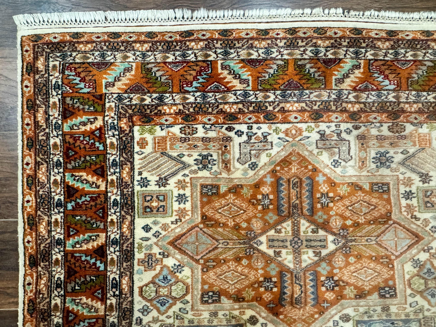 Turkish Kazak Rug 4x6, Geometric Medallions, Vintage Handmade Wool Carpet