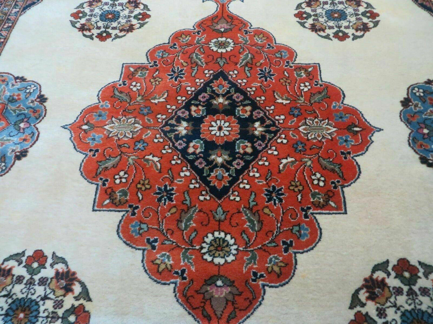 Indo Persian Rug 9x12, Semi Open Field Medallion, Ivory Tomato Red Navy Blue, Hand Knotted Indian Oriental Wool Carpet 9 x 12 ft, Room Sized