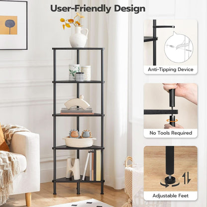 Industrial 5 Tier Corner Shelf Stand Black Metal Frame
