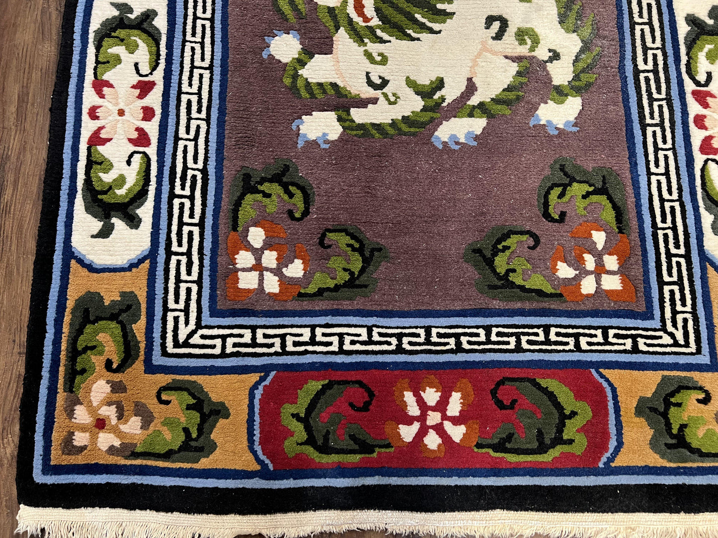 Chinese Art Deco Rug 3 x 5.5 with Animal Pictorials, Vintage Chinese Peking Wool Area Rug, Dark Puce Maroon Ivory, Hand Knotted Soft Carpet