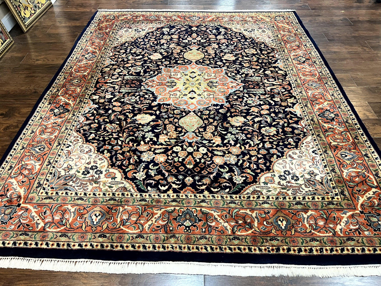 Indo Persian Rug 8x10, Midnight Blue & Red, Handmade Vintage Wool Carpet, Floral Medallion