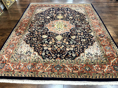 Indo Persian Rug 8x10, Midnight Blue & Red, Handmade Vintage Wool Carpet, Floral Medallion