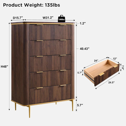 Fluted Five Drawer Dresser Contemporary Dark Walnut