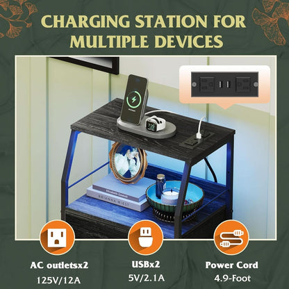 Black Nightstand With Integrated Charging Station RGB LED