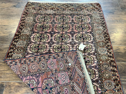 Persian Turkoman Rug 4x6, Wool Hand Knotted Antique Bokhara Carpet, Red Pink, Handmade Tribal Oriental Rug 4 x 6 ft