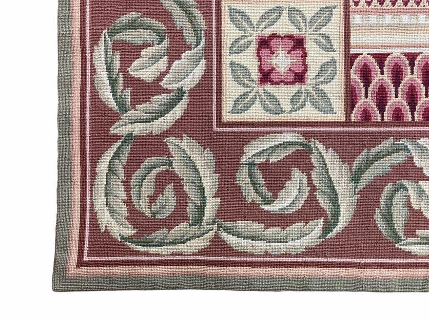 Traditional Aubusson Needlepoint Rug 9 x 12, Flowers, Flatweave Carpet, Hand-Knotted, Brand New, Cream Color, Green, Maroon Red, Wool