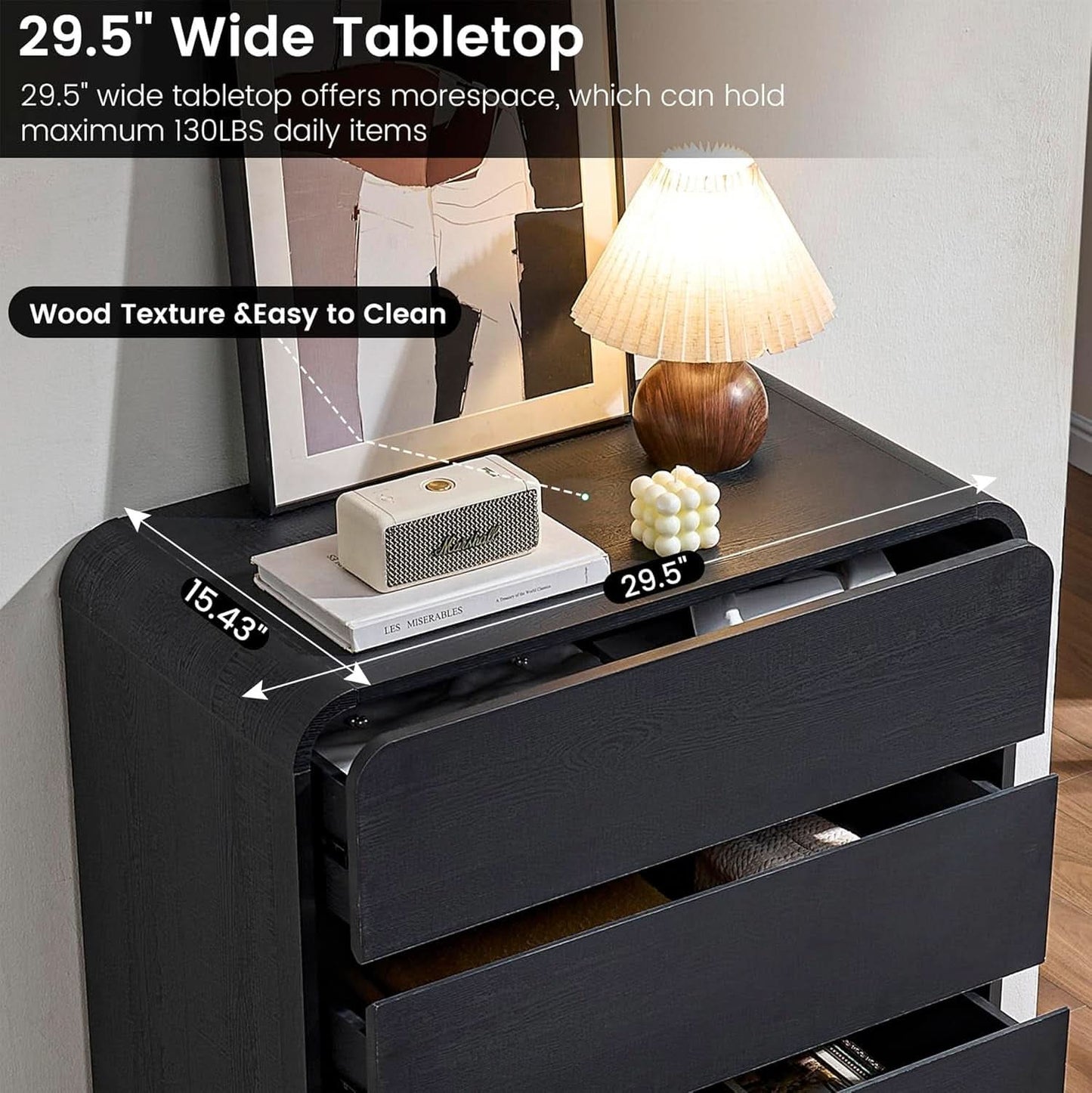 Black Hardwood Dresser With Curved Front Storage Panel