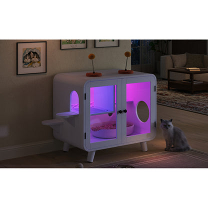 Hidden Cat Litter Box Cabinet – RGB LED, Glass Doors, Litter Walkway & Pom-Pom Toys, White