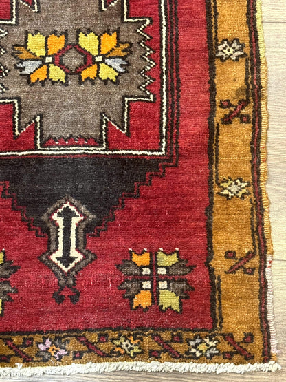 Turkish Yastik Rug 2x3, Geometric Medallion, Small Turkish Wool Rug, Red