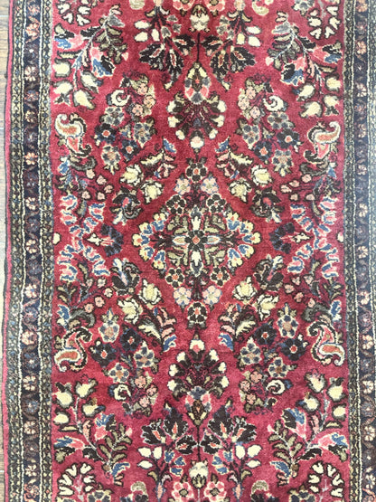 Small Persian Sarouk Rug 2x4, Floral, Red Hand Knotted Wool Traditional Oriental Carpet, Antique Persian Rug 2 x 4