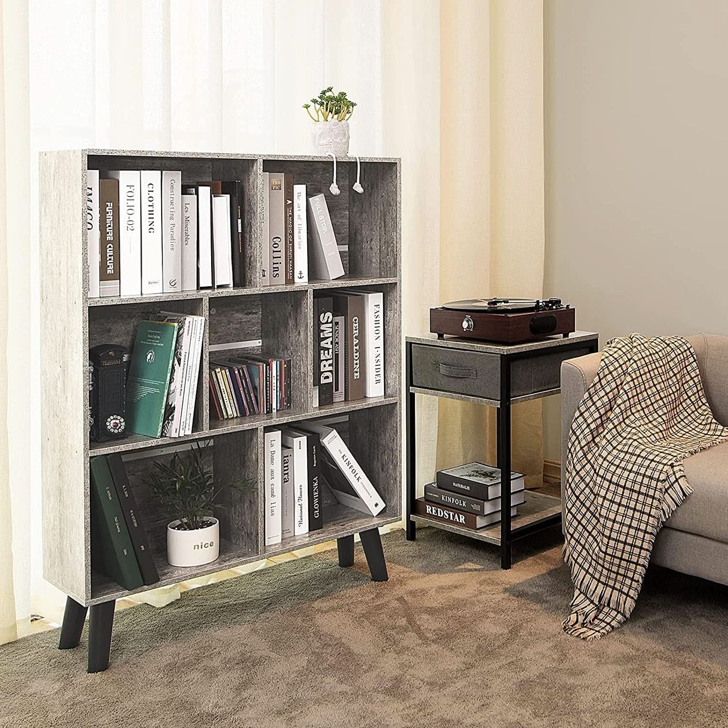 Three Tier Grey Bookshelf For Small Spaces With Crisscross
