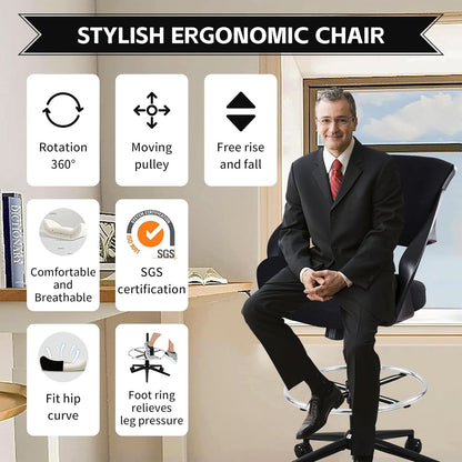 Ergonomic Drafting Chair With Lumbar Support And Foot Ring Black