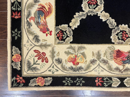 Hooked Rug 5x8, European Aubusson Pattern, Black and Ivory, Roses & Roosters, Vintage Wool Rug