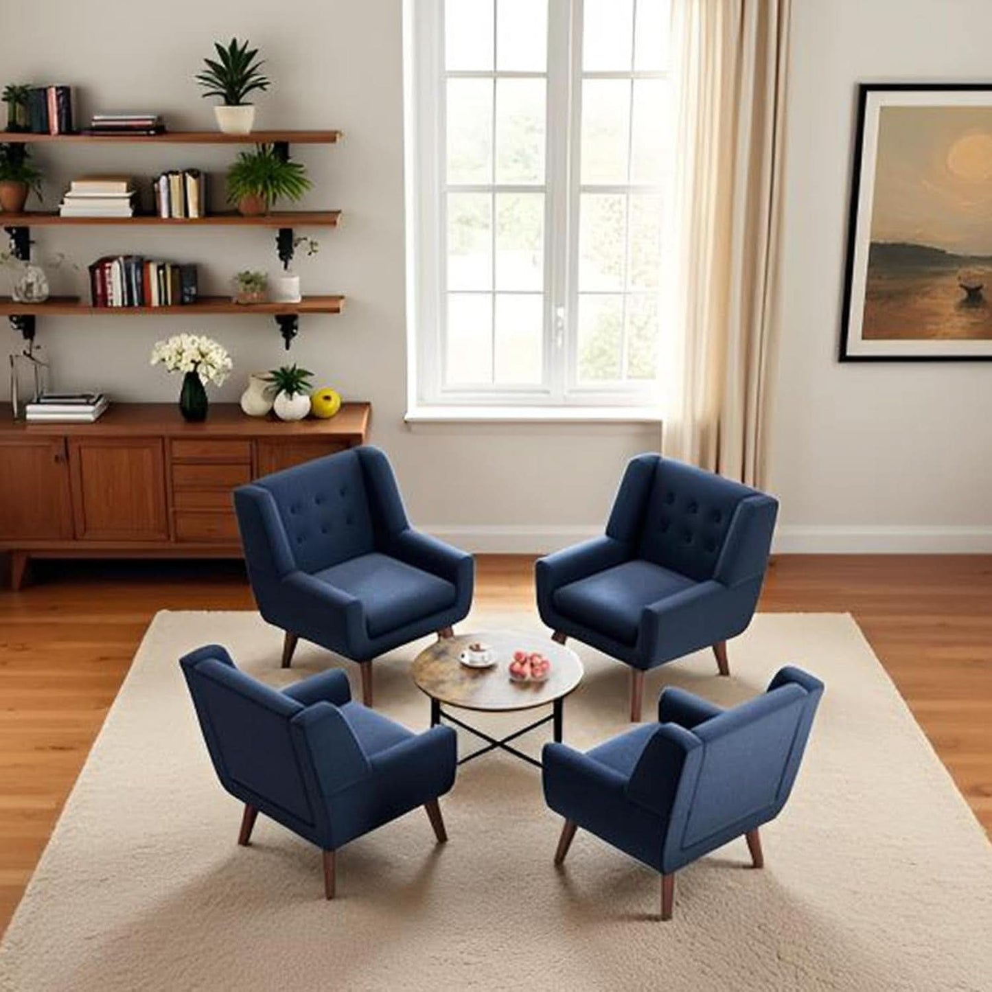 Dark Blue Linen Upholstered Tufted Midcentury Armchair