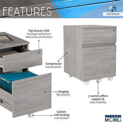 Grey Rolling Locking Two Drawer Vertical Filing Cabinet