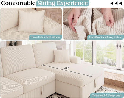 130 Inch Beige Corduroy Sectional Sofa Bed Storage Compartment