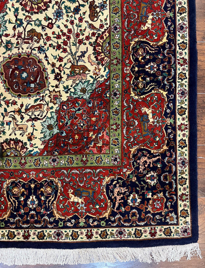 Wonderful Sino Persian Rug 6x10 with Animal Pictorial Motifs, Cream Dark Red Navy Blue, Birds Gazelles, Two Medallions, Top Quality Handmade