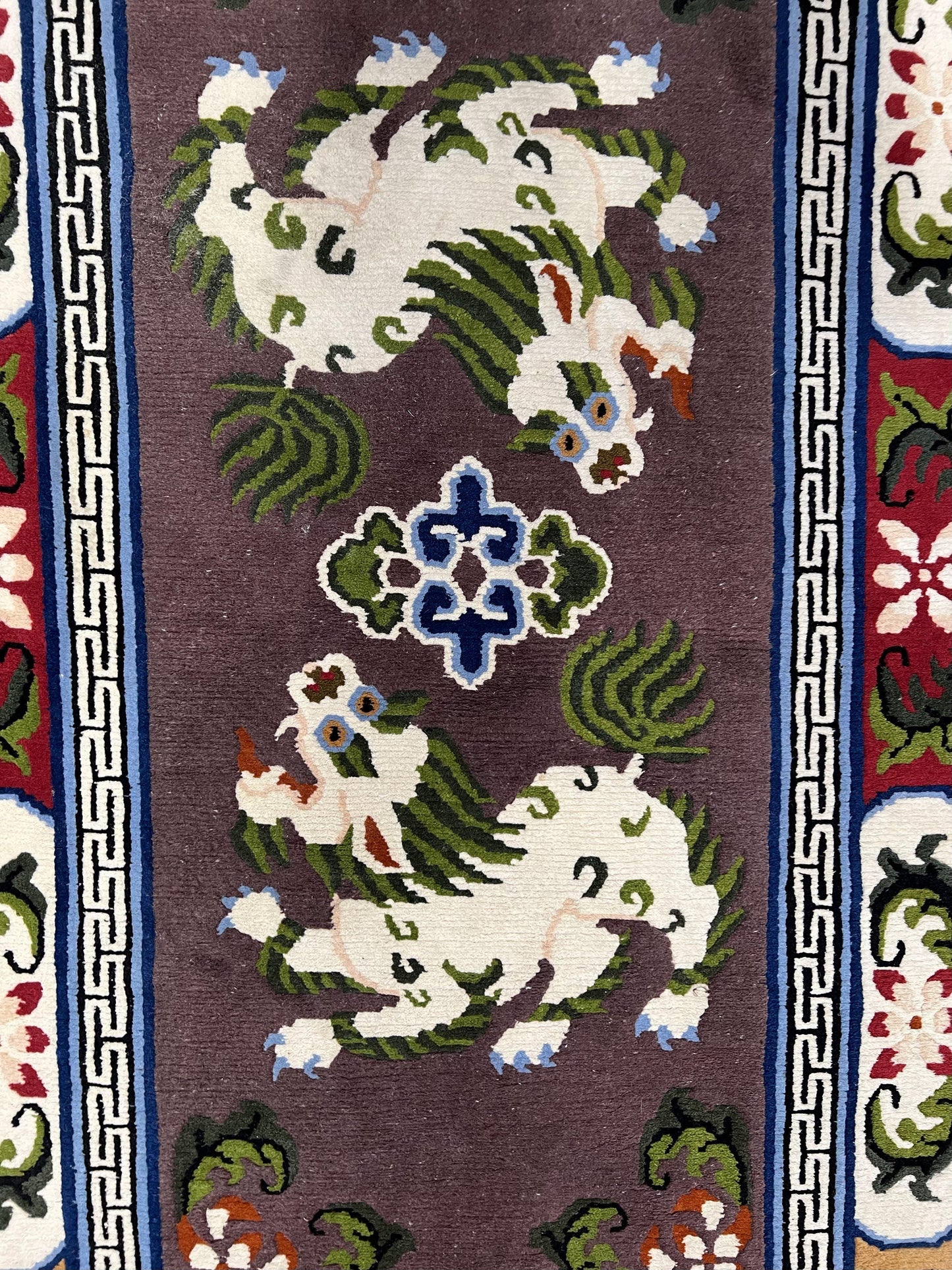 Chinese Art Deco Rug 3 x 5.5 with Animal Pictorials, Vintage Chinese Peking Wool Area Rug, Dark Puce Maroon Ivory, Hand Knotted Soft Carpet
