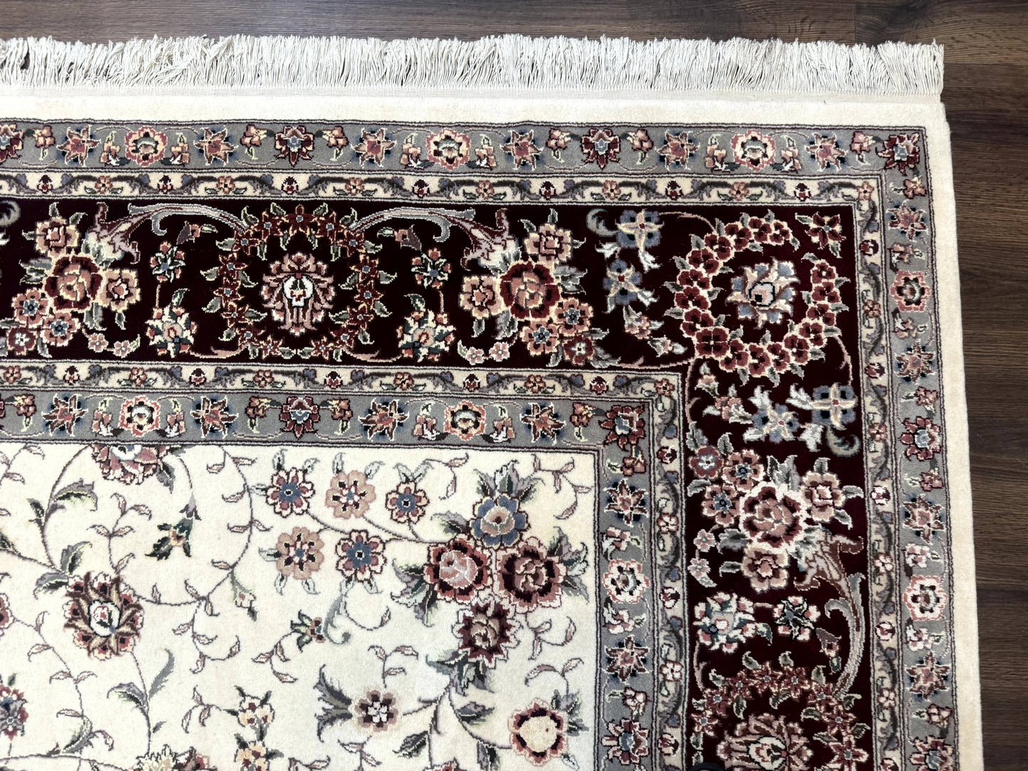 Sino Persian Rug 9x12, Floral Allover Design, 170 KPSI, Ivory and Dark Maroon