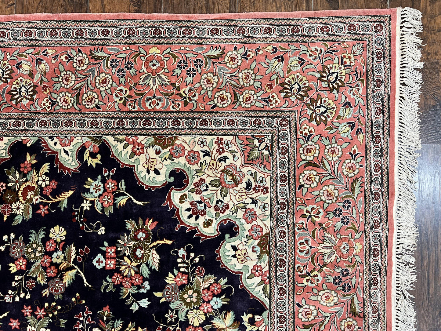 Stunning Silk Persian Qum Rug 7x9, Finely Hand Knotted Navy Blue & Salmon Floral Medallion Authentic Oriental Carpet, Vintage Handmade Silk Ghom Rug, Silk on Silk