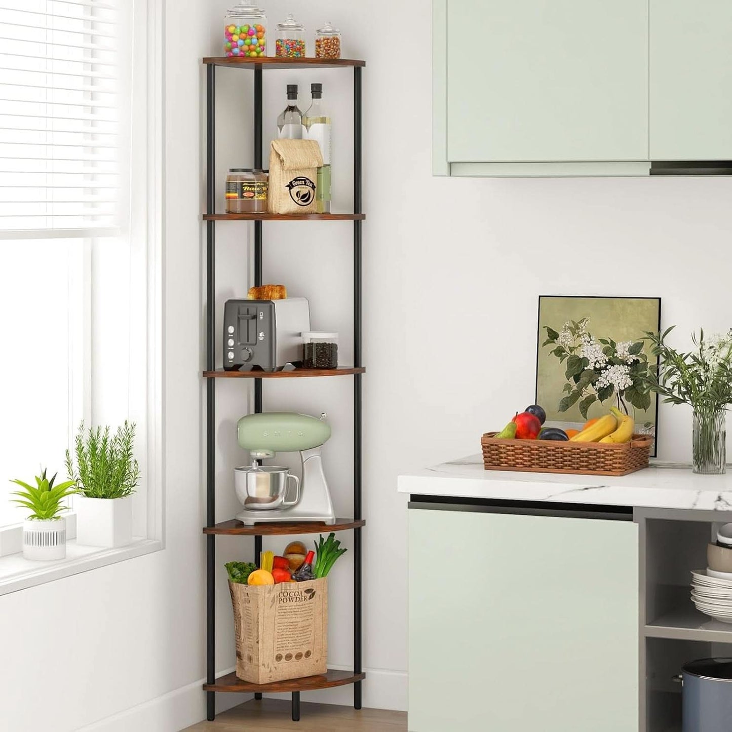 65 Inch Rustic Corner Shelf Stand 5 Tier Bookshelf