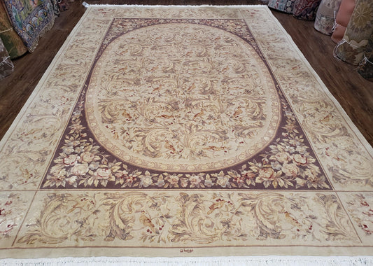Chinese Aubusson Savonnerie Area Rug 8x12, Vintage 120 Line Carpet, Wool and Silk Hand-Knotted, Birds Flowers Master Weaver Signature