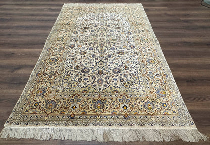 Rare Silk Persian Kashan Rug 4.6 x 7, Antique Fine 310 KPSI, Ivory
