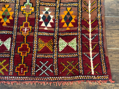 Moroccan Berber Tribal Rug 3x5, Geometric Area Rug, Red Orange Brown