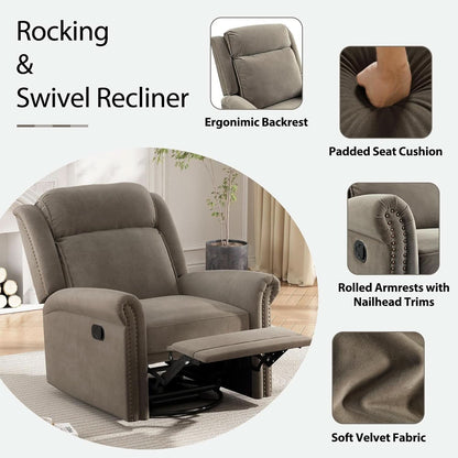 Light Brown Velvet Swivel Rocker Recliner Nailhead Trim