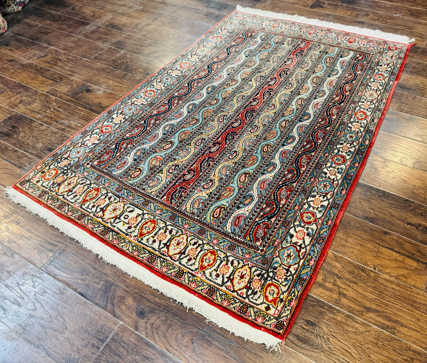 Persian Qum Rug 4x7, Striped Paisley Boteh Design