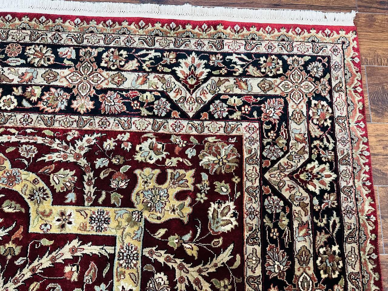 Indo Persian Rug 8x10, Red Vintage Wool Traditional Carpet, Floral, Handmade