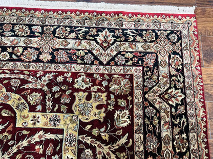 Indo Persian Rug 8x10, Red Vintage Wool Traditional Carpet, Floral, Handmade