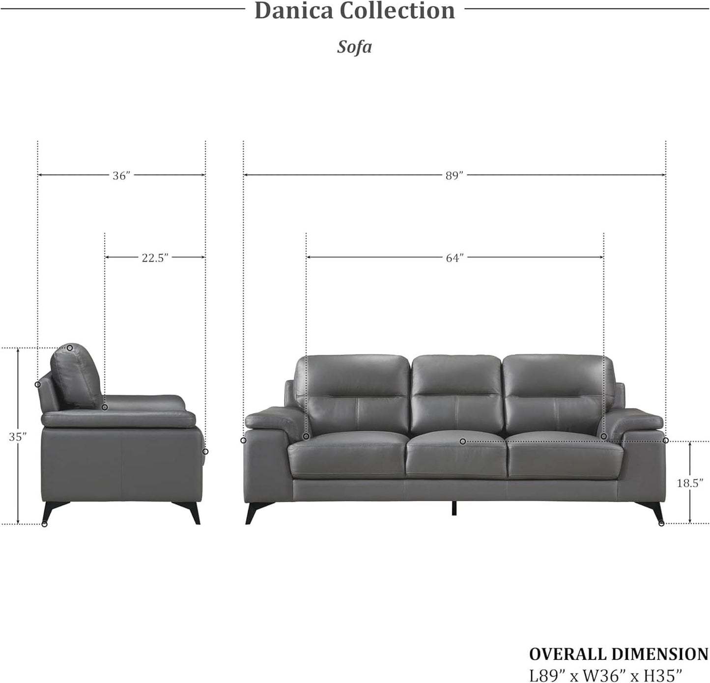 Top Grain Leather Two Piece Living Room Sofa Set Dark Gray
