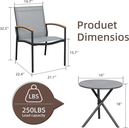 Three Piece Patio Bistro Set With Textilene Fabric Chairs And Table Grey Outdoor Furniture Set