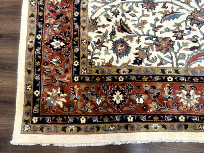 Indo Persian Rug 9x12, Ivory and Red, Traditional Wool Oriental Carpet