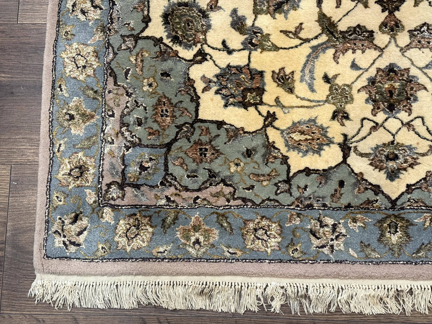 Persian Isfahan Rug 3x5, Fine 310 KPSI, Kork Wool Silk Foundation, Cream & Light Green