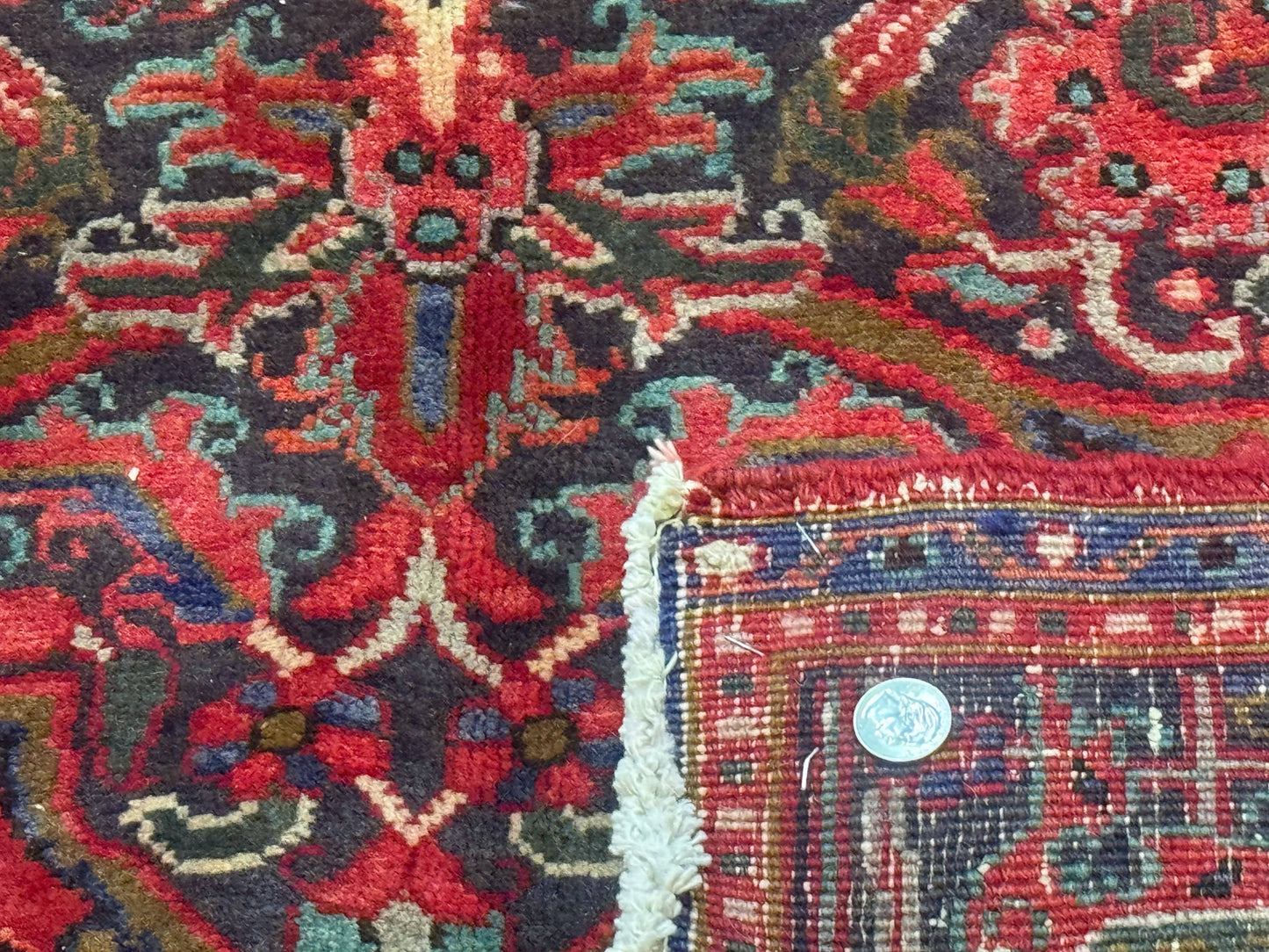 Persian Heriz Rug 7x10, Red and Navy, Geometric Medallion, Vintage Wool Carpet